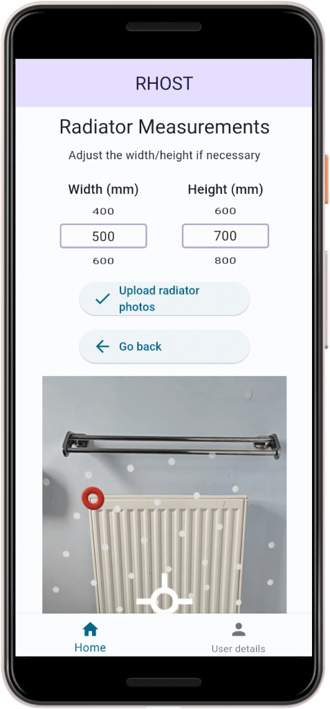 A screenshot of manually entering radiator measurements in RHOST